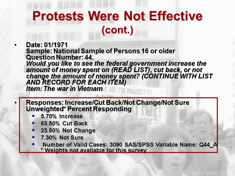 Protests Were Not Effective (cont.) Date: 01/1971  Sample: National Sample of Persons 16